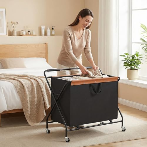 HOOBRO 172L Collapsible Laundry Basket with Wheels and Handle, Rolling Laundry Cart with Removable Liner Bag, Folding Laundry Hamper for Laundry, Bathroom, Bedroom, Black BB13XY01