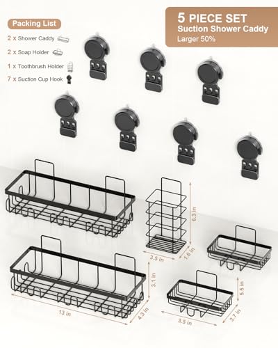 JOTPE Shower Caddy Suction Cup 5 Pack, No Drilling & Removable Suction Cup Shower Shelf for Bathroom with Large Capacity, Powerful Shower Organizer Max Hold 40 lbs, Waterproof Bathroom Shelf, Black - size: Size: 5 x Medium
