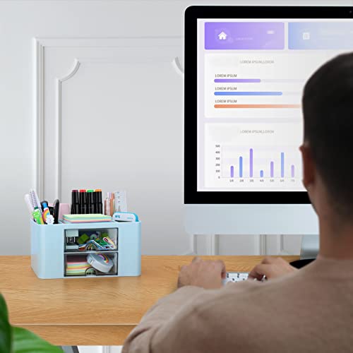 Desk Organizer with 2 Drawer, Plastic Desktop Pen Pencil Card Holder Storage Box for Desk, Office Supplies, Vanity Table Office School Home (Blue) - color: Blue