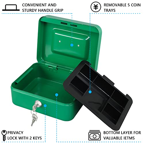 KYODOLED Medium Cash Box with Money Tray,Small Safe Lock Box with Key,Cash Drawer,7.87"x 6.30"x 3.54" Green Medium - color: Green, size: Medium