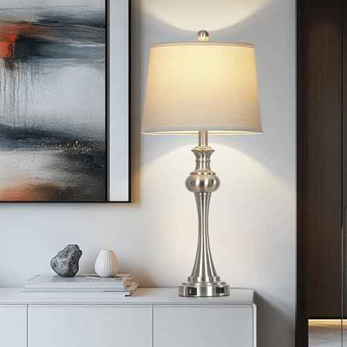 28.75" Silver Table Lamps for Living Room,3 Way Touch Control Table Lamp, Bedside Desk Lamp with Metal Base Modern Nightstand Lamp Simple Side Table Lamp for Bedroom,Office,LED Bulb Included