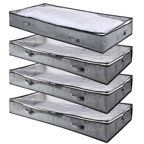 4 PCS Underbed Storage Bins, Foldable Clothes Organizers with Transparent Top, Dual Zipper Closure, Front & Side Handles, Store Clothes, Blankets, Toys, Linens under Couch or Crib