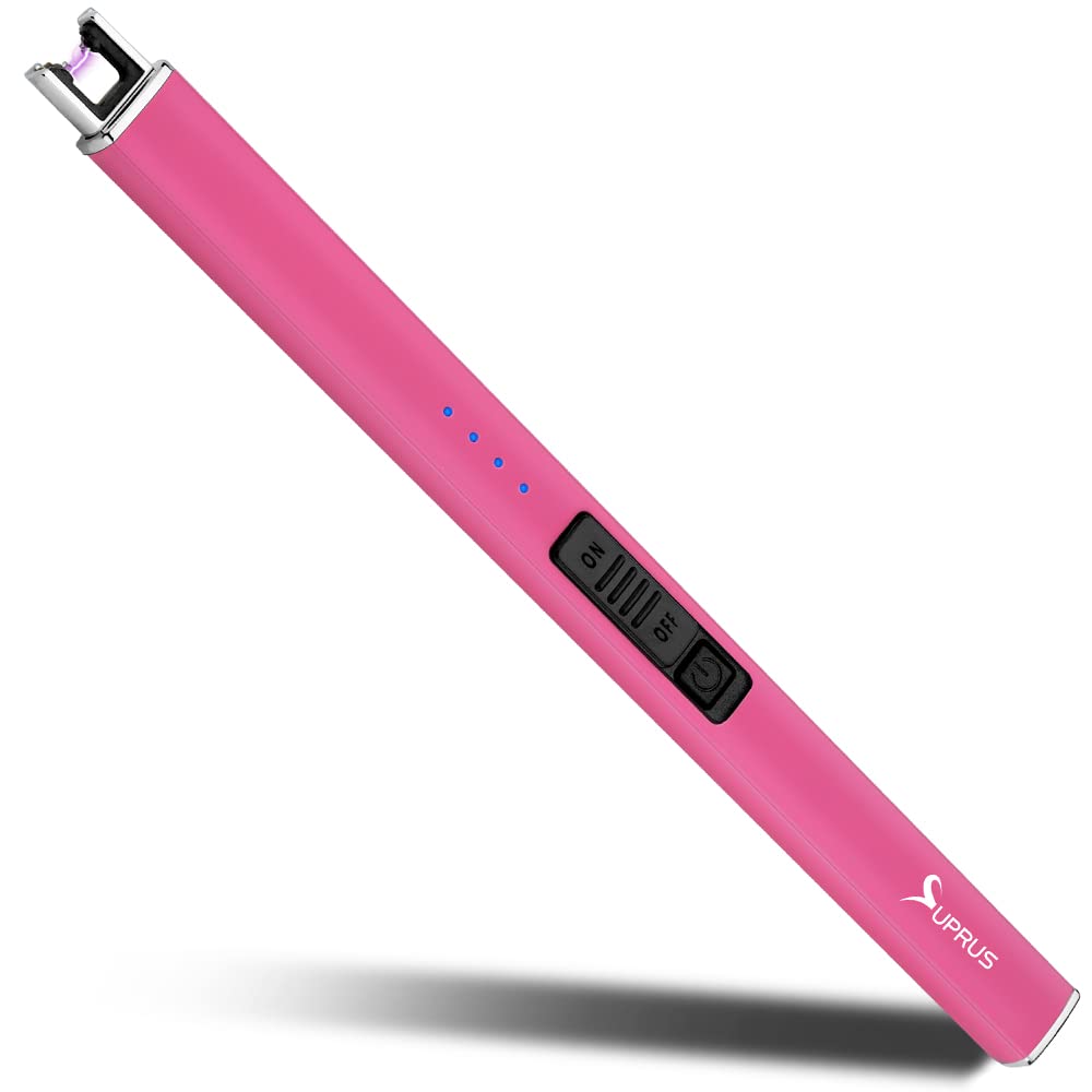 SUPRUS Fluorescent Lighter Glows in The Dark Electric Lighter Candle Lighter Rechargeable USB Arc lighters with Safety Lock Windproof Flameless Plasma for Candle BBQ Camping (Pink)