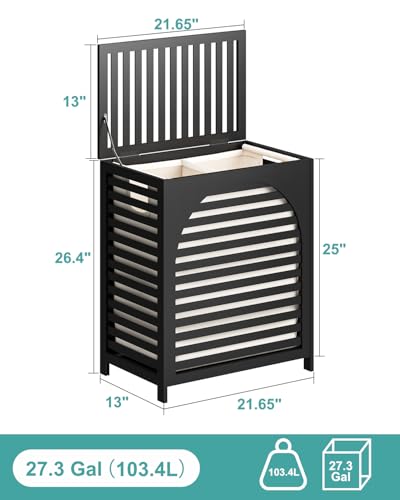 Black Laundry Hamper, Laundry Hamper with Lid, 27.3 Gallon (103L) Bamboo Wood Clothes Laundry Basket with Lid and Handles, Removable Liner - color: Black, size: Extra Large