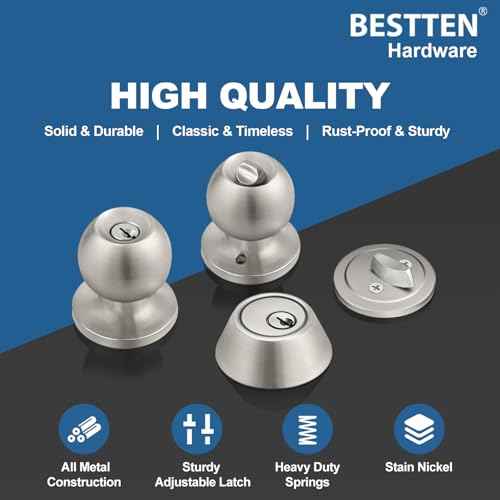 BESTTEN 3 Pack Keyed Alike Exterior Door Knobs and Single Cylinder Deadbolts Combo Set, Satin Nickel Entry Door Knobs with Locks and Keys for Entrance and Front Door