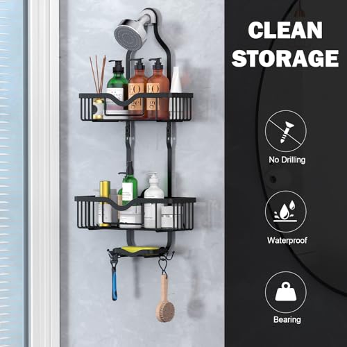 Kadolina Shower Caddy Hanging, Bathroom Organizer Rack, Shower Rack with Soap Dish, Over The Showerhead Caddy with Hooks for Razor/Sponge, Matte Black (Assembly Required) - color: Matte Black