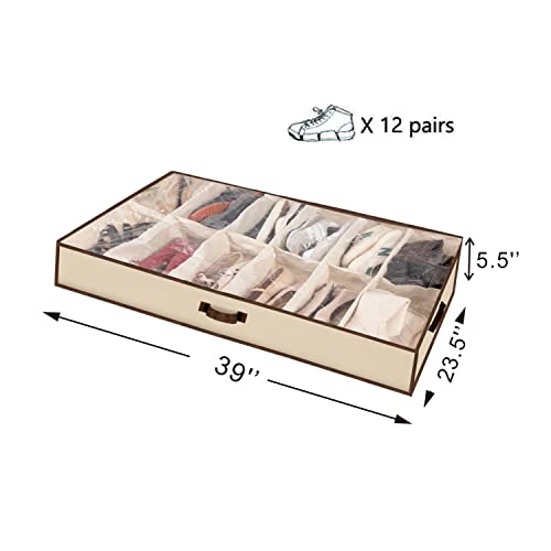 Men/Adults 12 Cells See Through Underbed Shoe Storage Bag Organizer with black and white flower (beige) - color: beige