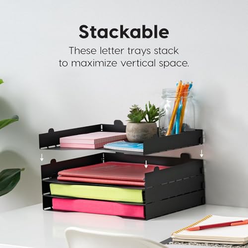 IRIS USA Metal Letter Tray Paper Organizer, 4 Pack, For Letter/A4 File Holder Paperwork Document, Stackable Desktop File Organizer Tray Paper Basket Rack for Office Supplies Home Work, Black - size: Small, style: Tray