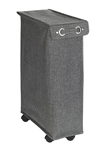 WENKO Slim Laundry Basket with Wheels, Thin Laundry Hamper, Rolling Laundry Bin with Lid, Space Saving Narrow Laundry Hamper for dirty Clothes Storage, 23.6 x 15.8 x 7.3 in, Gray - color: Black & White Tweed