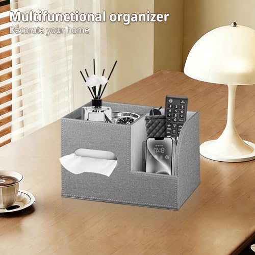 Leather Square Tissue Box Cover with Storage Tray,Cube Tissue Box Holder,Modern Facial Paper Organizer with Remote Control Holder for Bathroom,Vanity Countertop,End Table NightStand Home Office.Grey - color: Grey