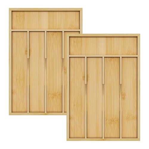 Youpehom Bamboo Utensil Organizer for Kitchen Drawers, Utensil Tray and Cutlery Silverware Holder,Wood Drawer Dividers with 5 Slots，2 pack - size: 5 Slots-2 Pack