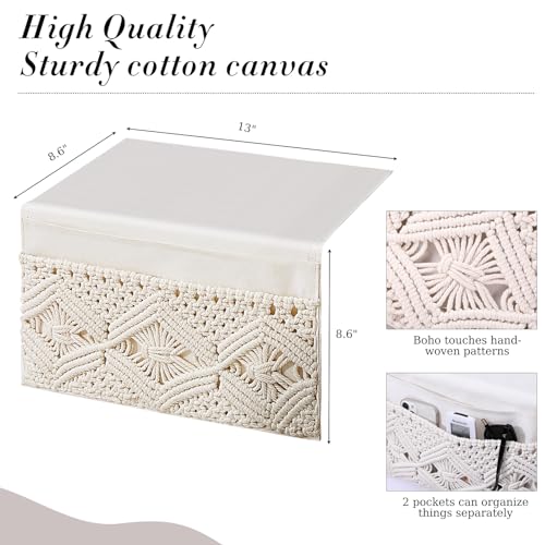 JaGely 2 Pcs 17.3 x 13 Inch Macrame Bedside Caddy Storage Organizer Hanging Boho Remote Control Holder Bedside Storage Basket for Home Couch Tablet Magazine Holder for TV Remote Control Living Room