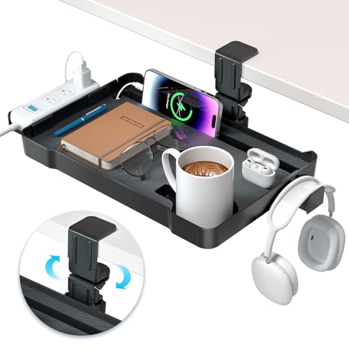 KDD Under Desk Organizer - 360° Rotating Clamp-On Tray with Headphone Hook, Phone & Tablet Holder, Cup Holder, and Cable Management - No Drilling Desk Storage Accessories for Office and Home