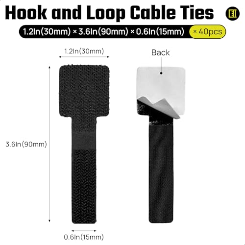Matenf Under Desk Cable Management Kit - 40 PCS Self-Adhesive Hook & Loop Cable Organizers, Adjustable Cord Hider for Desk, Cable Ties in Office, Home, Kitchen (Black)