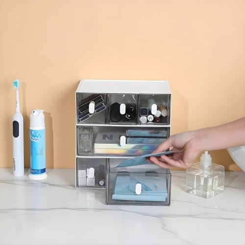 Desktop Storage Drawers, Plastic Desk Organizer with 1 Large Drawer, Modular Stackable Toolbox Units for Office Stationary, Makeup Container, Bathroom Countertop (1 Tall Layer, White & Clear) - color: 1 Tall Layer & 1 Drawer, White & Clear