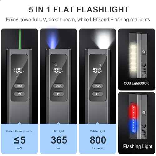 5 IN1 Rechargeable EDC Flat Flashlight, PRO Flashlight with Green Beam, UV and White LED Combo, High Lumens Pocket Lights with Magnet, Four Sources Perfect for Checking and Work (Black 1pcs)