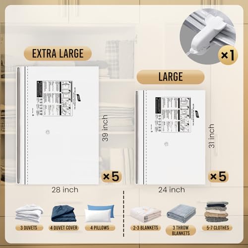 TAILI 10 Pack Vacuum Storage Bags, LONG SIDE ZIP (5 Large+5 Jumbo), Multi-Size Vacuum Seal Bags for Clothing, Storage Bulky Beddings, Comforters and Clothes, Space Saver for Closet Organization - size: 10 Combo