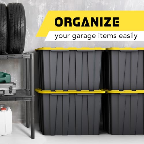 4 PACK X-Large Black & Yellow Storage Bins | Plastic Tote Organizing Container with Secure Latching Lids, Stackable, Extra Strength with Built in Handle | Black and Yellow Bins | 24.5" x 16.5" x 16.6" - size: X-LARGE - 24.5" x 16.5" x 16.6"