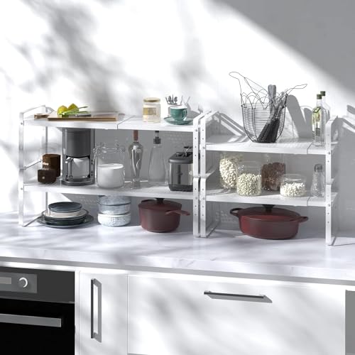 Expandable Cabinet Shelf Organizer Adjustable Metal Spice Rack Stackable Freestanding Counter Storage Shelves for Kitchen Cabinet Under Sink Office Desk (White - 3Pack - L16.5-27'' * W8'' * H9.6'') - color: White - 3pack - L16.5-27'' * W8'' * H9.6''
