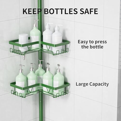 KEGII Shower Caddy Tension Pole, 4-Tier Rustproof Adjustable Corner Bathroom Organizer for Renters, 25–114.2 Inch No Drill Space-Saving Shower Storage Rack, Emerald Green - style: Tension Caddy - Emerald Green