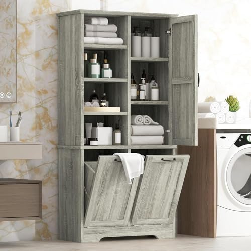Virubi Tall Laundry Cabinet with 2 Tilt Out Hamper, Wood Bathroom Storage Cabinet with Doors and Adjustable Shelves Freestanding,Oak (Oak)