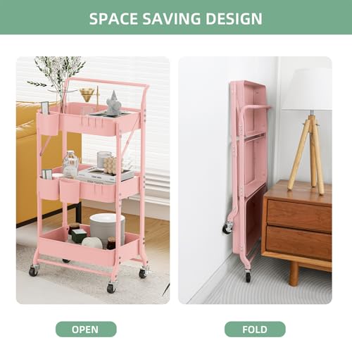 3-Tier Folding Rolling Utility Cart with Wheels, Foldable Storage Cart Organizer with 3 Hanging Cups & 6 Hooks for Kitchen, Office, Living Room, Nursery(Pink) - color: Pink