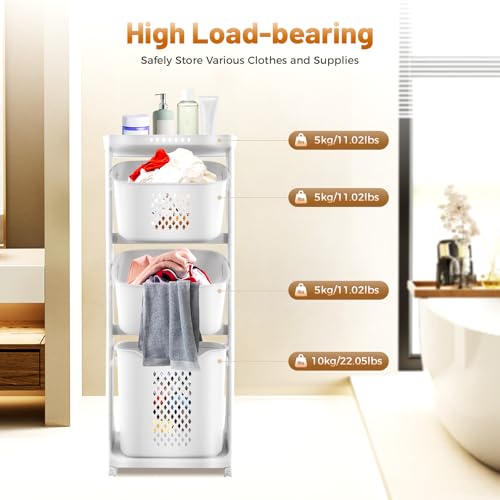 3-Tier Laundry Hamper Sorter, Removable Vertical Rolling Laundry Baskets Stand with Wheel, Stackable Dirty Clothes Cart Organizer and Storage for Small Space, Dorm, Closet, Bathroom (3-Tier)