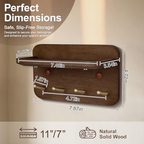 Key Holder Wall Mount, Solid Wood Key Holder for Wall with 4 Brass Hooks & Hidden Magnets, 15° Incline Hooks & Grooved Design to Prevent Slipping, Vintage Brown Key Hanger