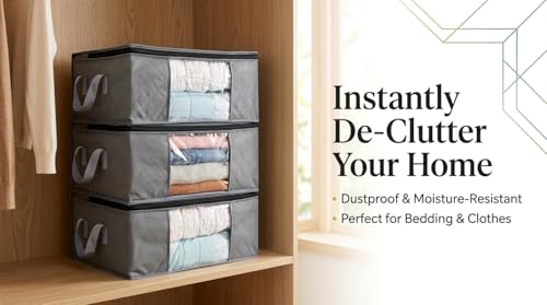 Storage Clothes Bins Closet Bags - 35L Containers Organizer Boxes Clothing Bin Organization for Organizing Blanket Pillow Sheet Sweater, Foldable Bedroom Small Storage Totes With Lids Zipper, 3pc Pack