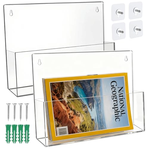 Clear Acrylic Single Pocket Wall Mount File Holders, Self-Adhesive Plastic Document Organizer for Office and Home, Suitable for Legal Size Papers, Brochures, Magazines, and Literature Display, 2 Pack
