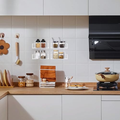 Acrylic Spice Rack Wall Mount-6 Inch, Clear Spice Shelf Storage Holder, 4 Pack Hanging Seasoning Rack Organizer for Cabinet Door, Cupboard or Wall Kitchen (Adhesive or Screw) - size: 6"- 4 Pack
