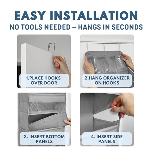 Over The Door Organizer Hanging with 5 Large & 6 Side Pockets 5 Tier Behind Door Storage 50 lbs for Closet, Nursery, Bathroom Door Organizer, 1 Pack, Grey