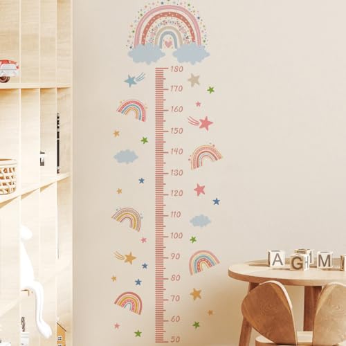 3D Cartoon Height Growth Chart for Kids - Removable DIY Pink Rainbow Wall Decal Peel and Stick Stars and White Clouds Wall Art Decor for Kids Nursery, Bedroom, Bathroom