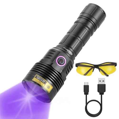ALONEFIRE SV47 12W 365nm UV Flashlight USB C Rechargeable Long Range Black Light Pet Urine Detector for Resin Curing, Fishing, Scorpion, Minerals, Bed Bugs, Leaks with UV Protective Glasses, Battery