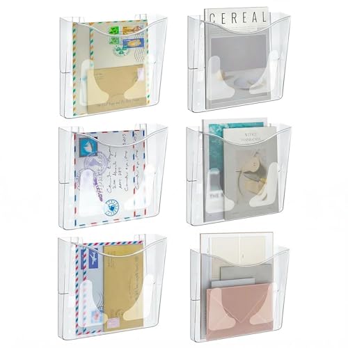PAG 6-Pocket Clear Wall Mount File Organizer for Office, Vertical Hanging Document Paper Folder Holder for Home, Letter Size Mail Sorter, Transparent Magazine Literature Rack with Mounting Hardware