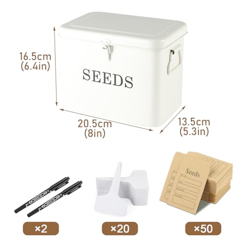 Seed Storage Organizer, T-Shape Compartment Seed Box with Safety Lock, Metal Seed Saving Box, Portable Seed Bin Container with Handle, Including 2 Pens 20 Plant Labels 50 Seed Envelopes-White - color: Tall-White