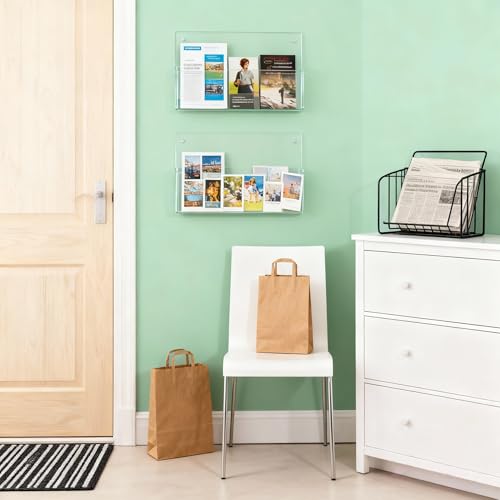 Clear Acrylic Single Pocket Wall Mount File Holders, Self-Adhesive Plastic Document Organizer for Office and Home, Suitable for Legal Size Papers, Brochures, Magazines, and Literature Display, 2 Pack