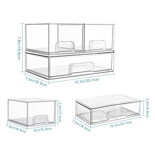 Vtopmart Stackable Storage Drawers Set of 3,Clear Plastic Organizer Bins for Makeup, Cosmetics, Beauty Supplies,Ideal for Vanity, Bathroom,Cabinet,Pantry Organization - style: 2 Small+1 Wide