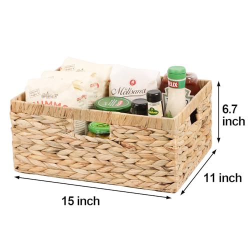 Large Wicker Basket, 15" Water Hyacinth Wicker Storage Baskets for Organizing, Rectangular Storage Baskets for Shelves, Rattan Woven Basket with Built-in Handles, 1 Pack (Natural, Large) - size: 15"L x 11"W x 6 ¾"H