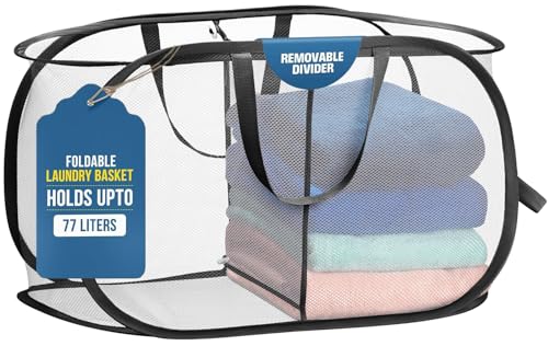 Foldable Laundry Basket - Popup and Collapsible, Durable Mesh Material, Folds for Storage, Easy Carry Handles - Great Hamper for College Dorm, Laundry Room or Travel (White-Black, 2-Compartments)