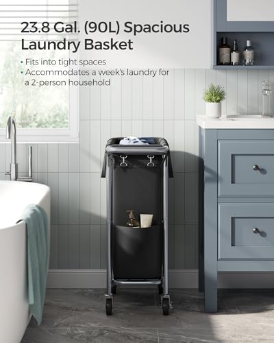 SONGMICS Laundry Basket with Wheels, Rolling Laundry Hamper, 23.8 Gallons (90 L), Removable Liner, Steel Frame with Handle, 24 x 11.4 x 31.9 Inches, Ink Black URLS003B01 - color: Ink Black, size: 90 L (1-Section), style: Rectangular with handle
