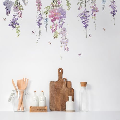 Purple Flower Wall Stickers Removable Peel and Stick Window Clings Purple Hanging Vine Floral Wall Decals for Girls Room, Living Room, Bedroom, Nursery Decor