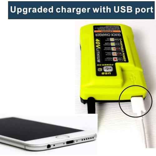 OP403 USB Port Battery Charger Replacement for Ryobi 40 Volt Battery Charger P401A OP403 OP403A OP404A OP400 OP401 OP400A OP406A, Compatible with Ryobi 40 Volt li-ion Battery OP40401 OP4040A OP1020A