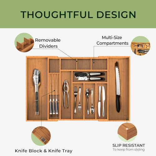 keechee Carbonized Large Bamboo Kitchen Drawer Organizer, 12 Slots Expandable Silverware Organizer, Utensil Holder & Cutlery Tray, 2.5" Deep for Extra Capacity, Non-Slip Feet Included - size: 12 Slots（Large & Expandable）
