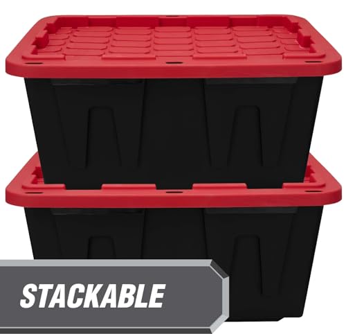 27 Gallon Large Storage Bin with Snap Lid, Black and Red, Heavy Duty Plastic Storage Container