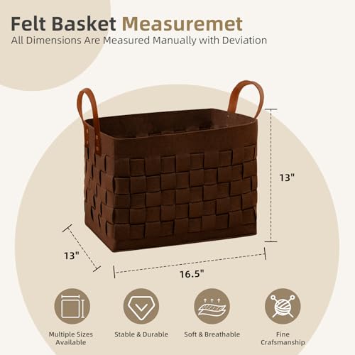 boldmonkey Laundry Basket 16.5 " x13 x13 , Large Rectangular Felt Fabric Blanket Basket with Leather Handle, Dirt Clothes Laundry Hamper for Babies, Dogs and Living Room-Brown - color: Wood Brown