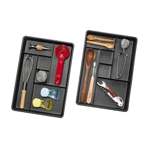 madesmart Two-Piece Drawer Organizer, 12-Compartment Drawer Storage for Utensils, Tools & Household Essentials, Durable Non-Slip Design, Carbon - size: 6-Compartment Set
