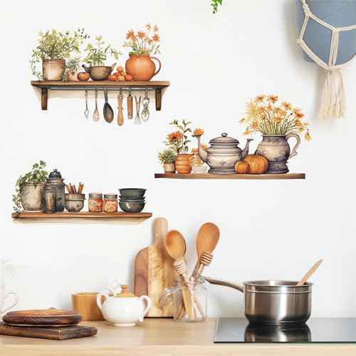 Green Plants Flowers Potted Wall Stickers, sacinora Kitchenware Utensil Painted Wall Decals Removable Vinyl Peel and Stick for Kitchen Dining Restaurant Baking Room Bar Art Decorations