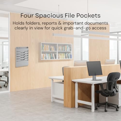 4 Tier Wall Mounted File Organizer, Metal Task Rack for Office Documents, Mail & Folders, Space-Saving Office Wall Organizer, Graywhite 19.5”H - color: Greywhite