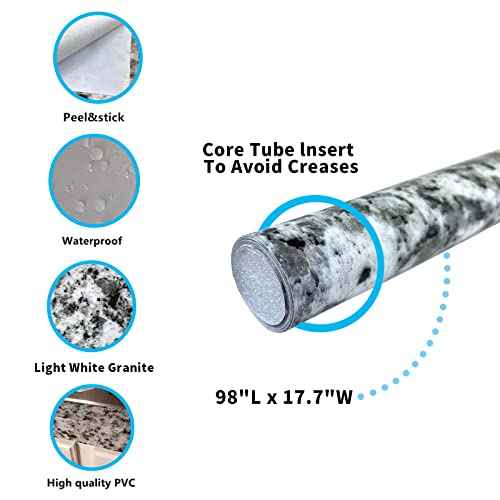 Teemall Light White Granite Look Marble Film Vinyl Self Adhesive Kitchen Countertop Peel Stick Wallpaper Decal 17.7''x98'' (Terrazzo)